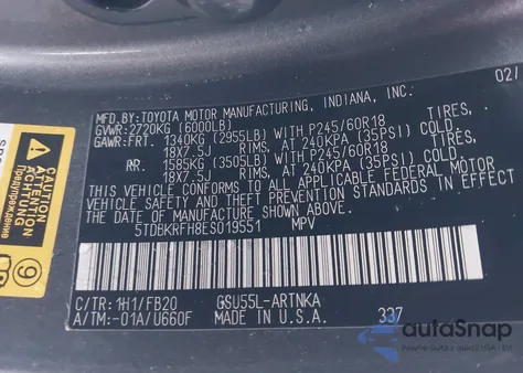 2014 Toyota Highlander Le V6 z USA, uszkodzony, nr VIN 5TDBKRFH8ES019551